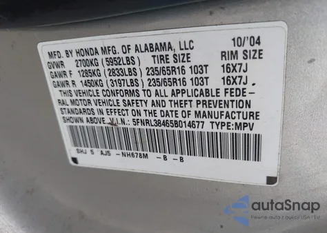 2005 Honda Odyssey Ex z USA, uszkodzony, nr VIN 5FNRL38465B014677